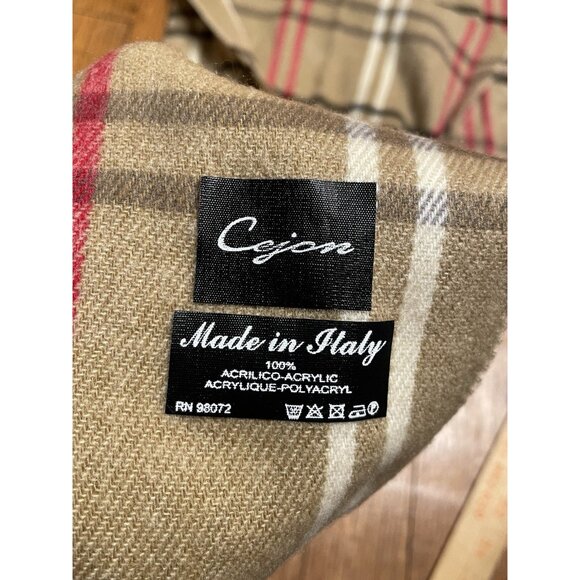 Cejon Knit Rectangle Plaid Wrap Scarf Womens Tan Fringe Neck Warmer Italy Made - Picture 2 of 4